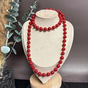 Vintage Monet Red Beaded Necklace | Long Cherry Red Acrylic Bead | Opera Length